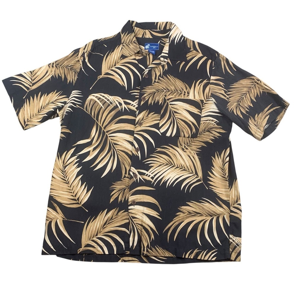 Caribbean Joe Hawaiian Shirt Adult L Green Palm Leaf Floral Print 100% Silk